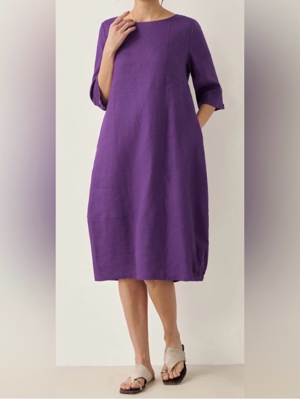 Lintico Sofia 100% linen purple midi length 3/4 sleeve dress - Picture 3 of 16